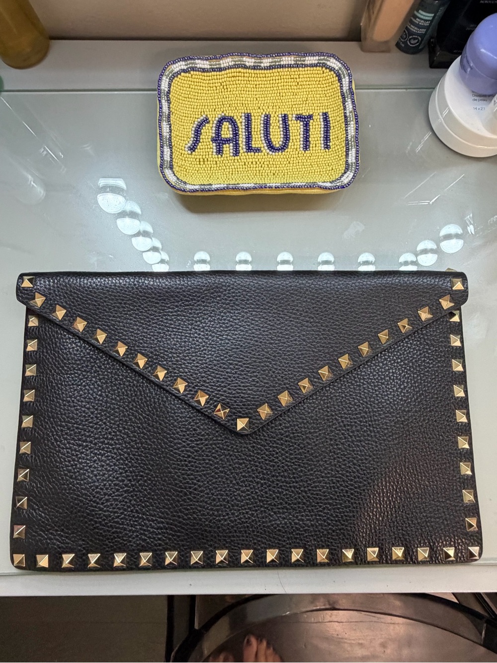 Valentino Black Leather Envelope Clutch with Gold Studs